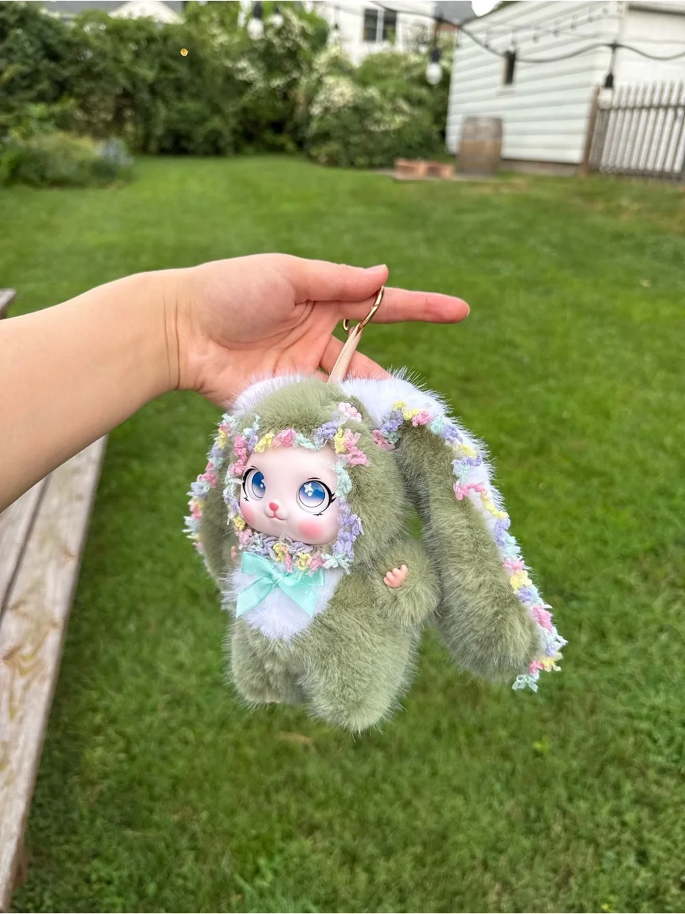 Adorable Kiwi Green BabyThree Plushie Bunny Keychain-Faux Fur with Floral Trim